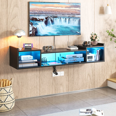 Floating & Floor Tv Stand With Built-in Outlets, Led Lights & Cable Management - 55"/71" Modern Media Console