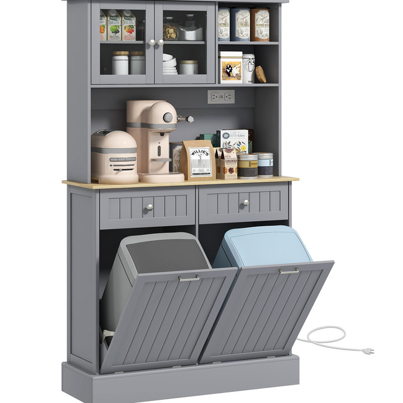 68" Gray Kitchen Pantry Storage With Charging Option. Freestanding Cabinet Glass Doors & Adjustable Shelf. Versatile In Use. 2 Tilt Out Trash Cabinets. Built-In Ac Outlets And Ports. Spacious