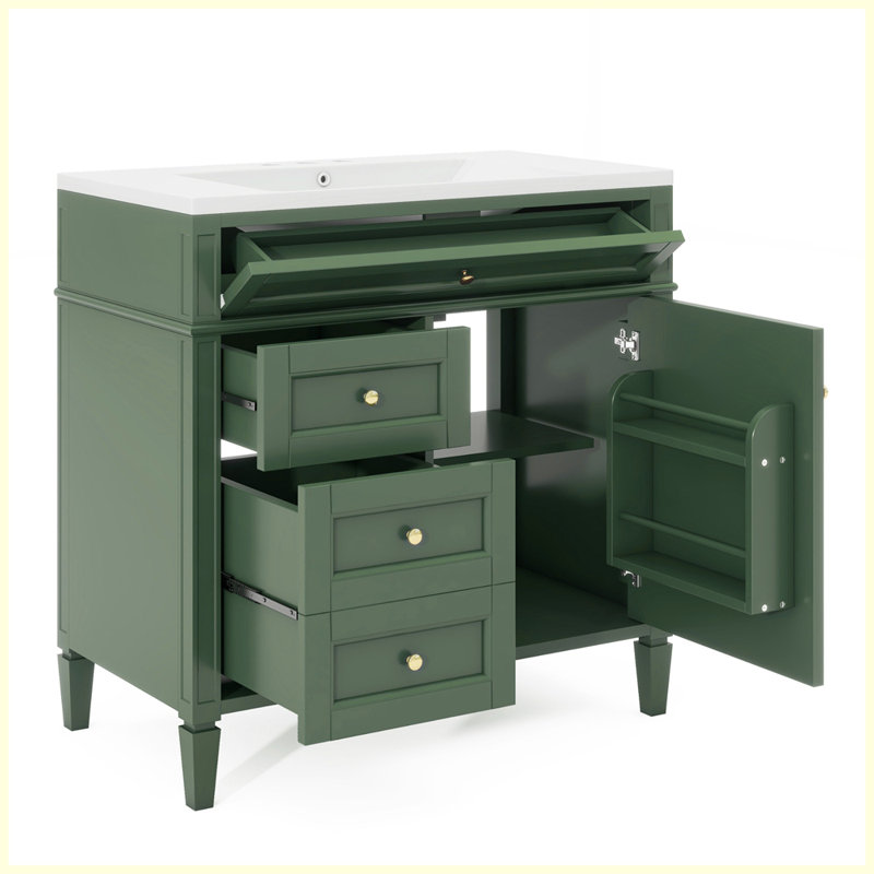 Meuble-lavabo autoportant moderne avec lavabo supérieur et 2 tiroirs, Vert