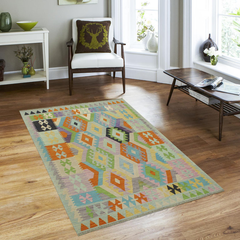 Tapis bleu orange à motif géométrique fait à la main 4 pi 2 po x 5 pi 10 po Kelwunn