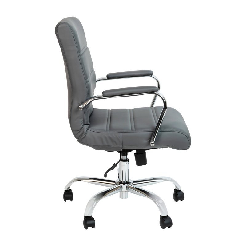 Whitney Ergonomic Upholstered Mid-Back Swivel Office Chair, Gray Faux Leather, Chrome