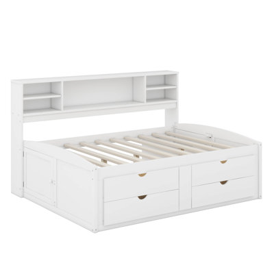 Full Wood Daybed With 2 Bedside Cabinets,Shelves And Drawers