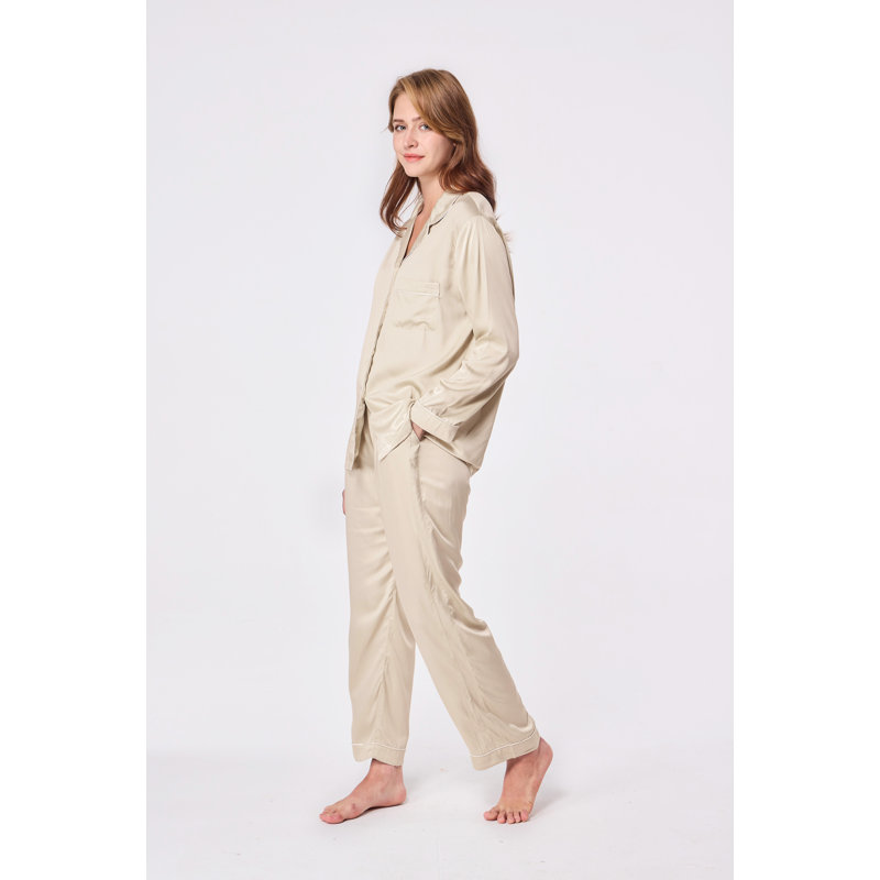 Women's Long Sleeve Bamboo Viscose 2-Piece Pyjamas, Beige, S