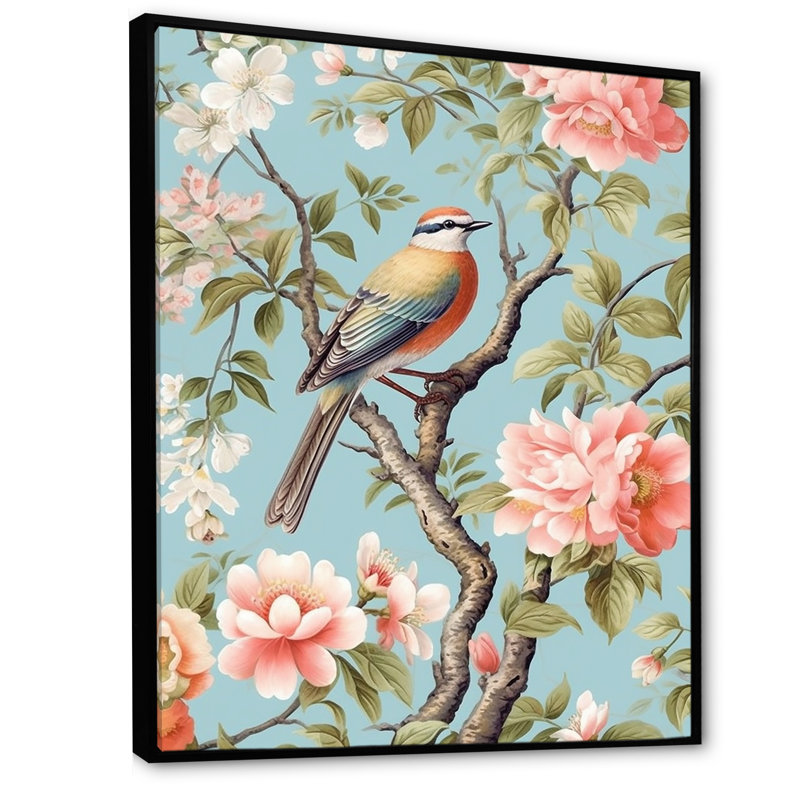 Chinoiserie, oiseaux et pivoines II, Cadre flottant noir, H 32 po x l 16 po x P 1 po