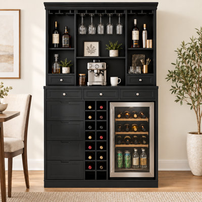 Meuble-bar à café et à vin de 198 cm de haut avec compartiment réfrigérateur, 9 tiroirs et rangement pour verres à pied