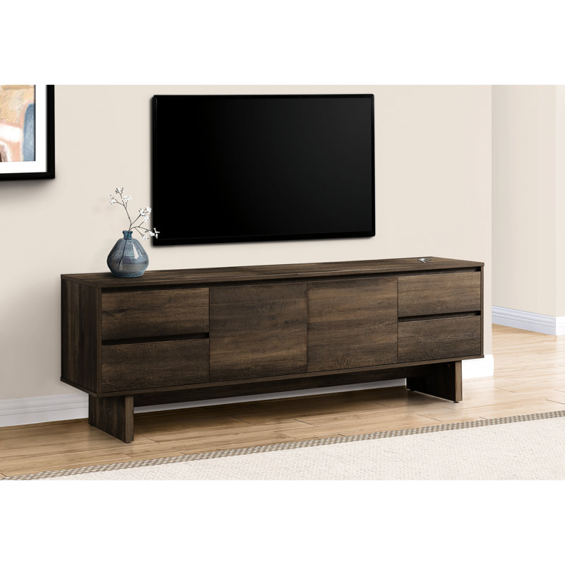 Console de télévision 72 pouces, meuble multimédia avec rangement, conception transitionnelle en stratifié brun pour meuble télé, console 70-79
