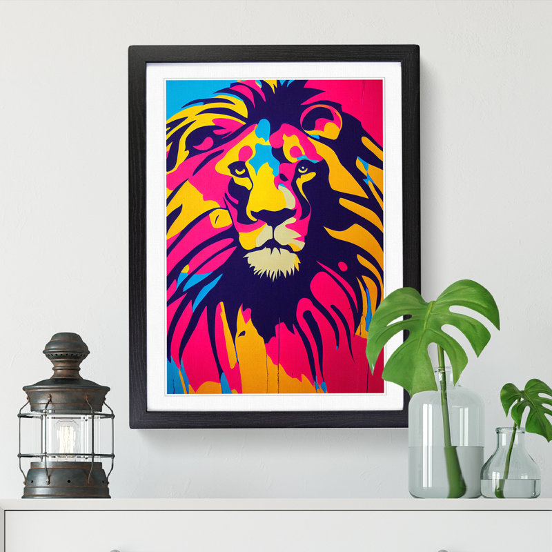 Lion Graffiti Paint - Picture Frame Print, 64cm H x 46cm W x 2cm D, Oak