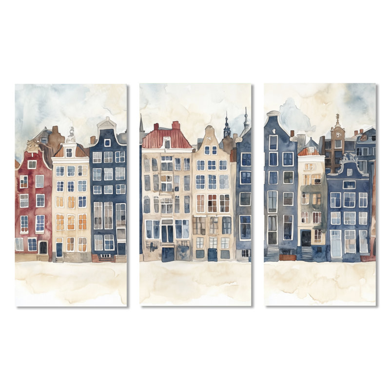 Maisons des canaux d'Amsterdam - Tableau mural en trois parties représentant un paysage urbain bleu marine, H 40 po x l 60 po