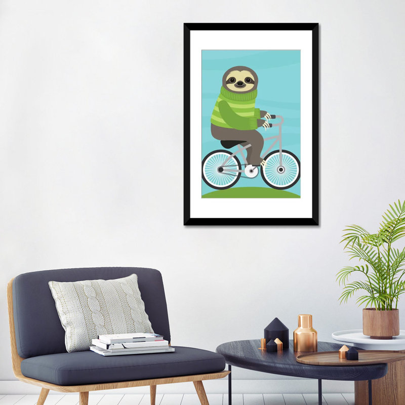 «Cycling Sloth», art sur toile, Papier d'art encadré noir, Blanc, H 32 po x l 24 po x P 1 po