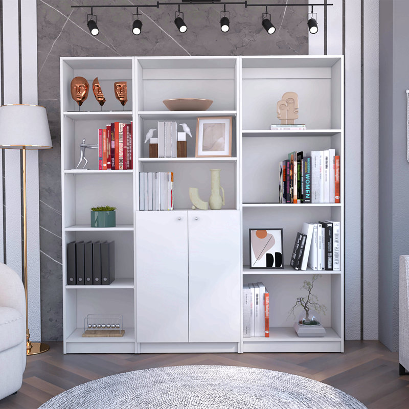 Ensemble de bibliothèque 3 pièces, 67 po de largeur avec 12 tablettes et une armoire à deux portes, ensemble de salon, Blanc