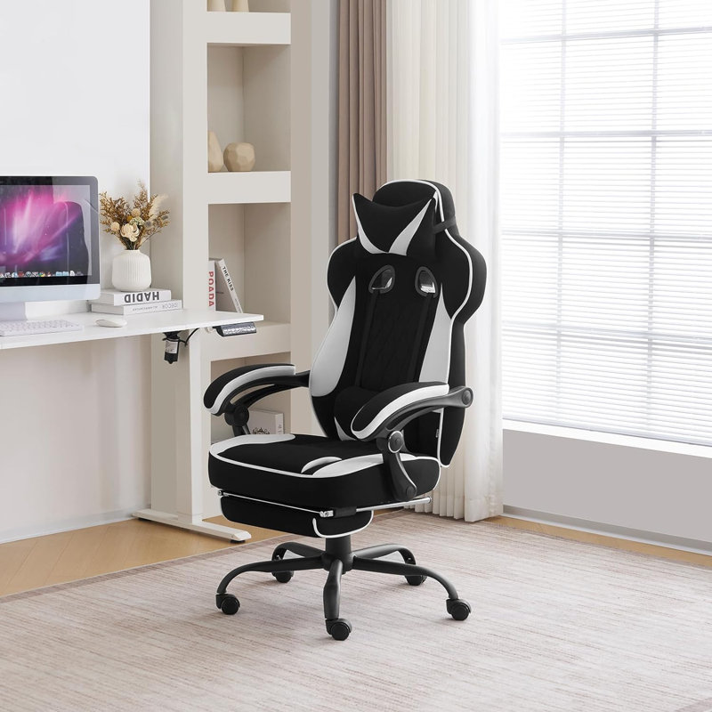 Inbox Zero Adjustable Reclining Ergonomic Swiveling PC & Racing Game Chair with Footrest, White/Black
