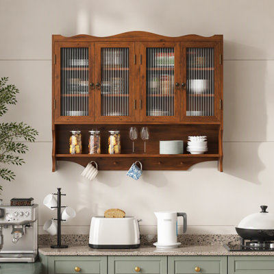 39.37"Retro 4 Door Wall-Mounted Cabinet, Featuring Two Layers Of Storage Space And An Open Hook Rack  Space,Suitable For Bathrooms, Kitchens, Dining Rooms, Brown