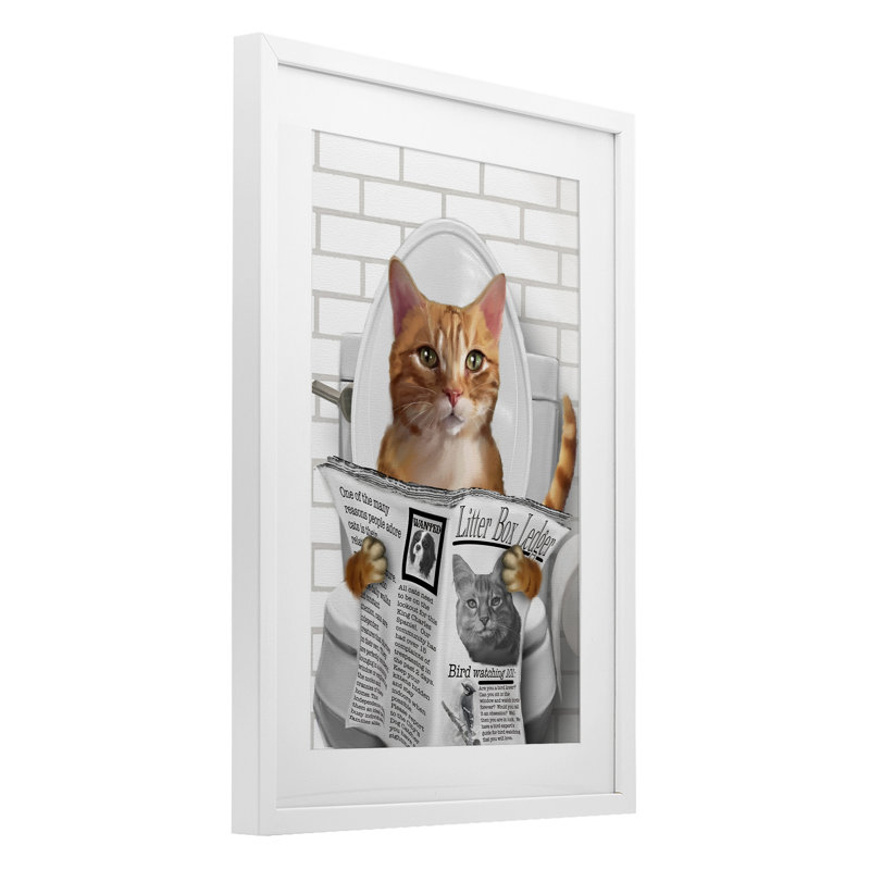 Chat fantaisiste sur une toilette, reproduction encadrée sous verre, design par Matthew Piotrowicz, H 23 po x l 17 po