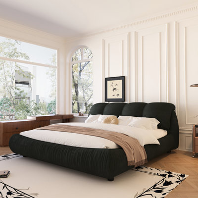 Très grand lit noir avec tête de lit épaisse rembourrée et système de lattes en bois massif, plateforme en bois de pin, design ergonomique, revêtement