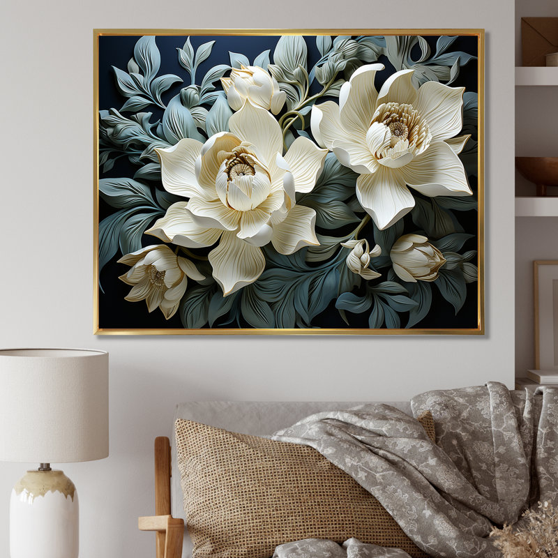 Tulipes blanches et bleues modernes sur toile, H 24 po x l 32 po x P 1 po, Cadre flottant doré
