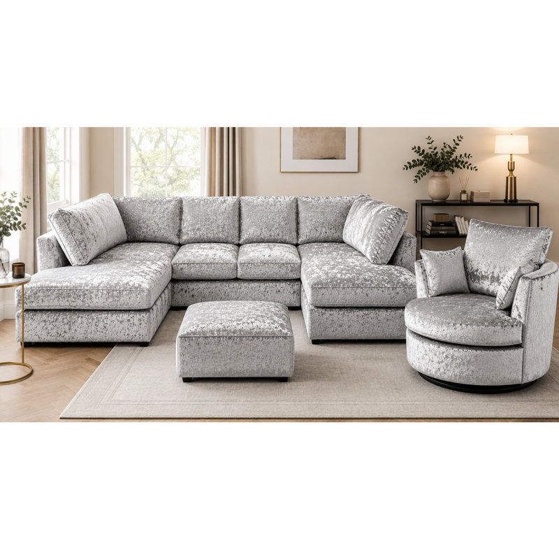 U Shape Convertible Sofa Bed with Movable Footstool, Modern Crushed Velvet Sectional Sleeper Sofa, Silver