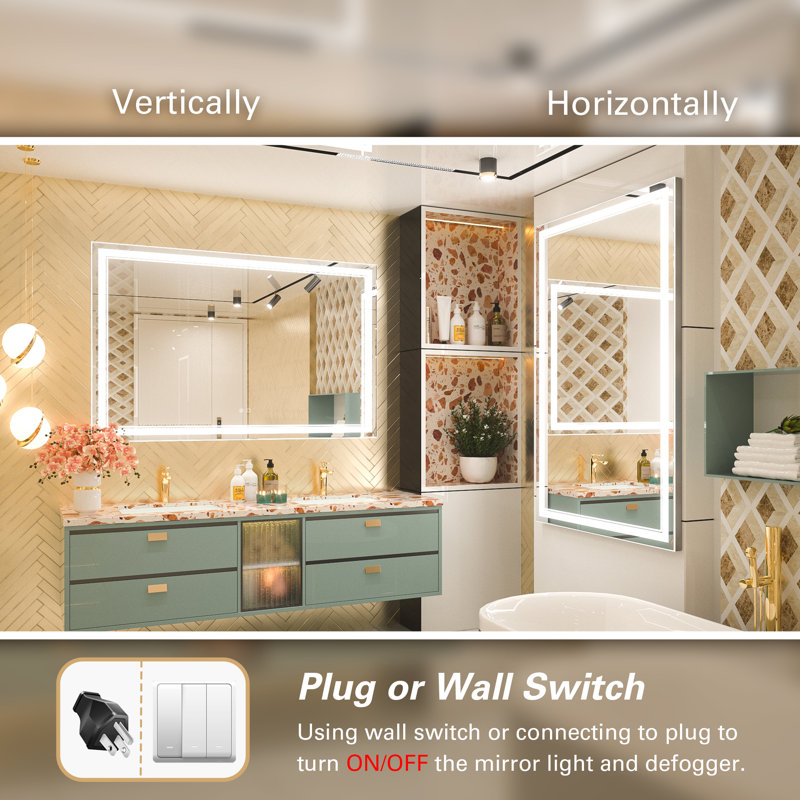 Adorna Frameless LED Lighted Bathroom / Vanity Mirror with Brightness Adjustable, Memory Function, Anti-fog, 36" H x 55" W