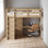 Lit mezzanine double en bois avec garde-robe intégrée, bureau, tablettes de rangement et tiroirs