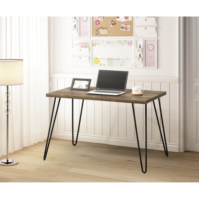 Rustic Oak Desk And Metal Accents Fusion, Taupe +metal, Space Saving Open Model, 23.52in Depth, 46.28in Width, 30in Height Metal, 29.69in