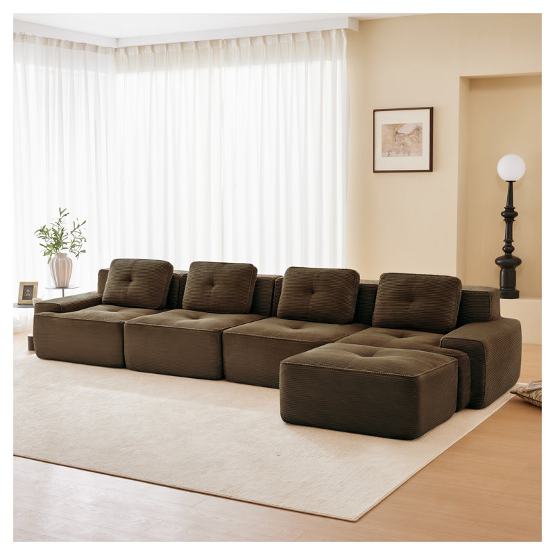 Canapé modulaire en forme de L de 153 po en velours côtelé brun avec repose-pieds mobile, siège profond à 4 places avec design capitonné et aucun assemblage requis pour le salon