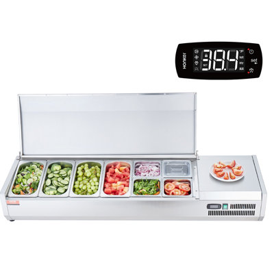 Refrigerated Condiment Prep Station, 150 W Countertop Refrigerated Condiment Station, with 4 1/3 Pans and 4 1/6 Pans, 304 Stainless Body and PC Lid, Sandwich Prep Table with Stainless Guard, ETL