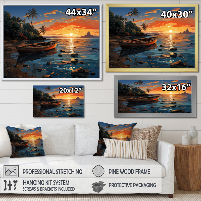 «Tyndale Coastaltropical Boat At Dusk III», reproduction sur toile, H 12 po x l 20 po x P 1 po, Cadre naturel flottant