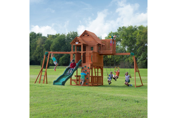 The Backyard Discovery Skyfort II All Cedar Swing Set.