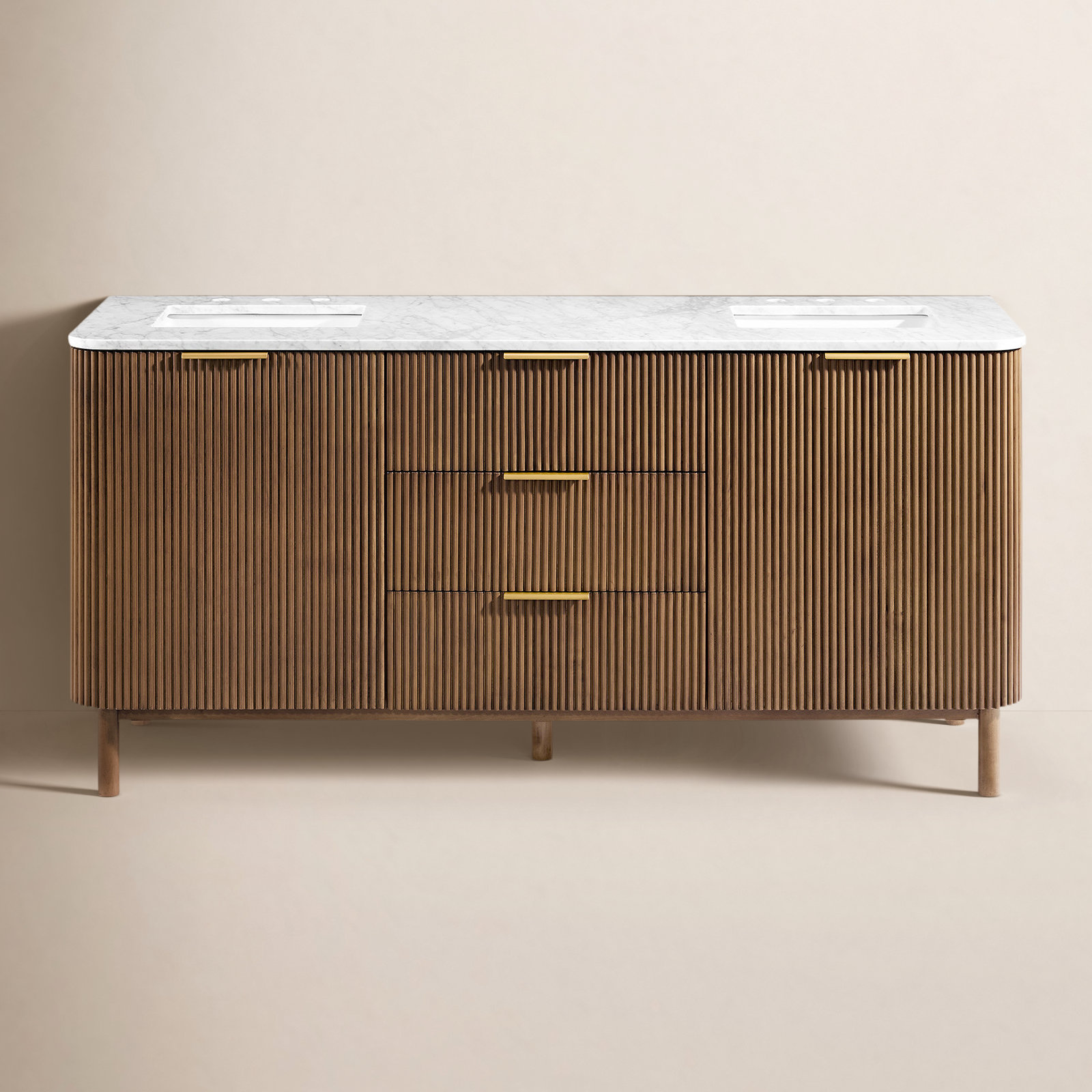 Nova 72" Carrara Marble Double Bathroom Vanity, Brown Reeded Birch