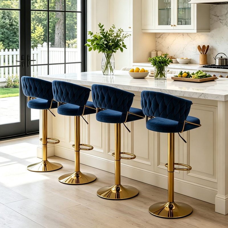 Christal Swivel Upholstered Adjustable Height Counter Stool, Navy Blue, Gold