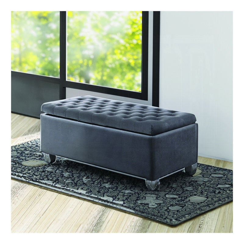 Rebekah Gray Velvet Tufted Storage Bench - Fabric Upholstered Entryway Bench with Storage for Bedroom, Hallway & Living Room