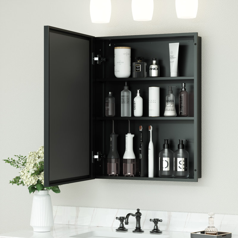 Recessed & Surface Framed Medicine Cabinet with Mirror and Shelves, Black, 30"H x 24"W x 5"D