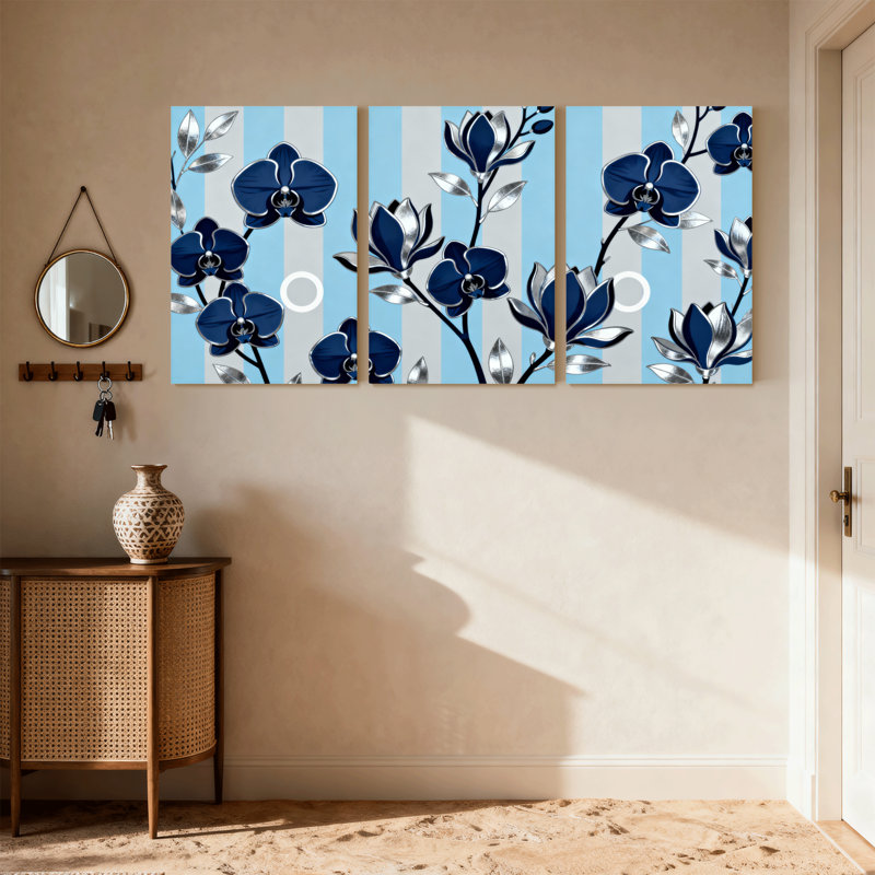 Plantes et fleurs, fleurs bleues, feuilles d'argent, fond rayé, ensemble de 3 impressions sur toile, H 30 po x l 60 po