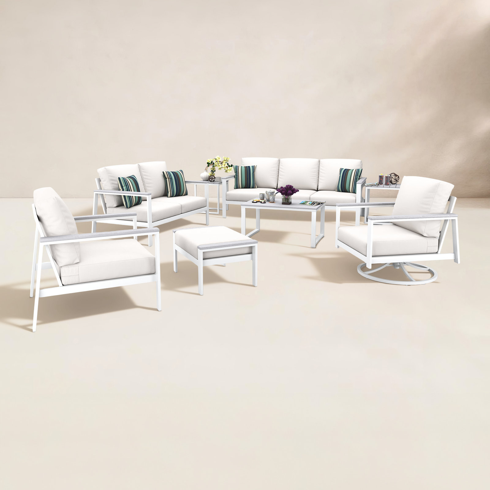 Townsend 7 Person Seating Group With Sunbrella Cushions, Canvas White, White