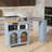 Kitchen Island On Wheels With Extendable Table, Led Lights, Power Outlets, 2 Fluted Glass Doors, Storage Compartment, 3 Open Shelves, Grey-634415136