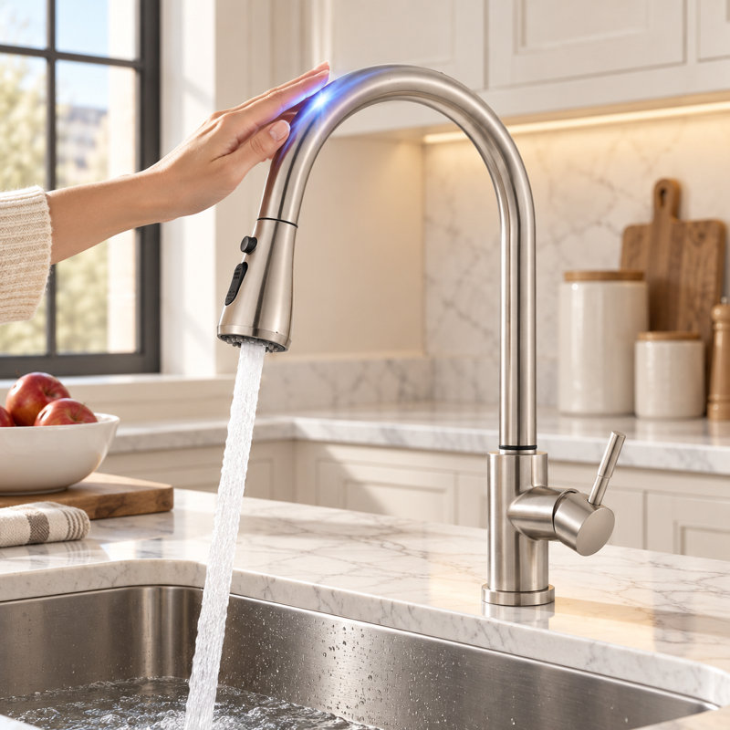 Mosson Touch-Activated Brushed Nickel Kitchen Sink Faucet with Pull-Down Pause Sprayer and 10-Inch Deck Plate