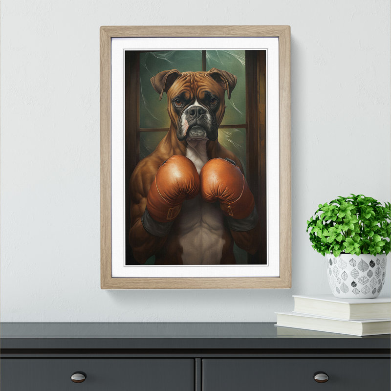 Boxer Dog Nouveau - Framed Print, 46cm H x 34cm W x 2cm D, Oak Framed