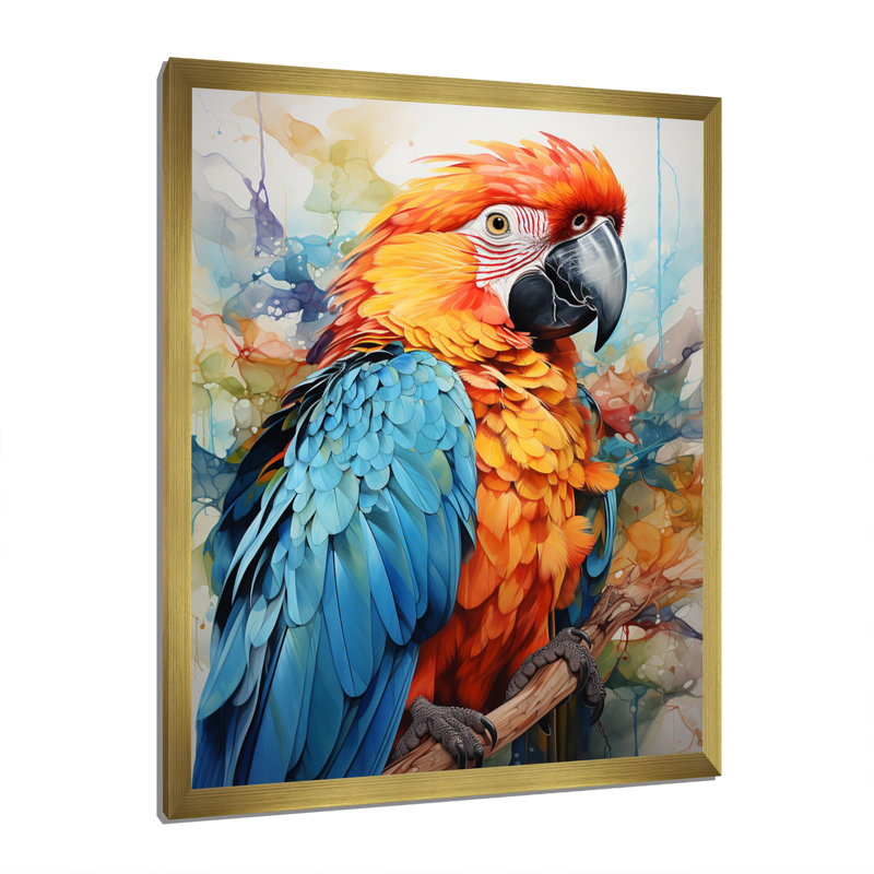 «Orange Orange Blue Parrot Vibrant Plumage» sur toile, H 32 po x l 24 po x P 1 po, Cadre photo doré