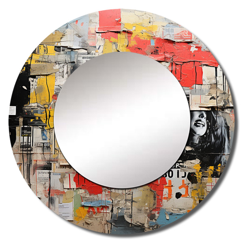 Priyasha Urban Collage III - grand miroir de collages abstraits, miroir mural rond rond jaune, impression d'art en métal