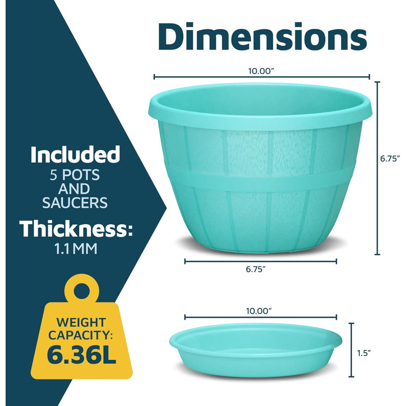 10-Inch Whiskey Barrel Planters Outdoor Pack of 5 - Durable Plastic Plant Pots for Indoor & Outdoor Use with Drainage & Saucer, Lightweight Rustic Barrel Planters for Flowers, Herbs & Small Plants