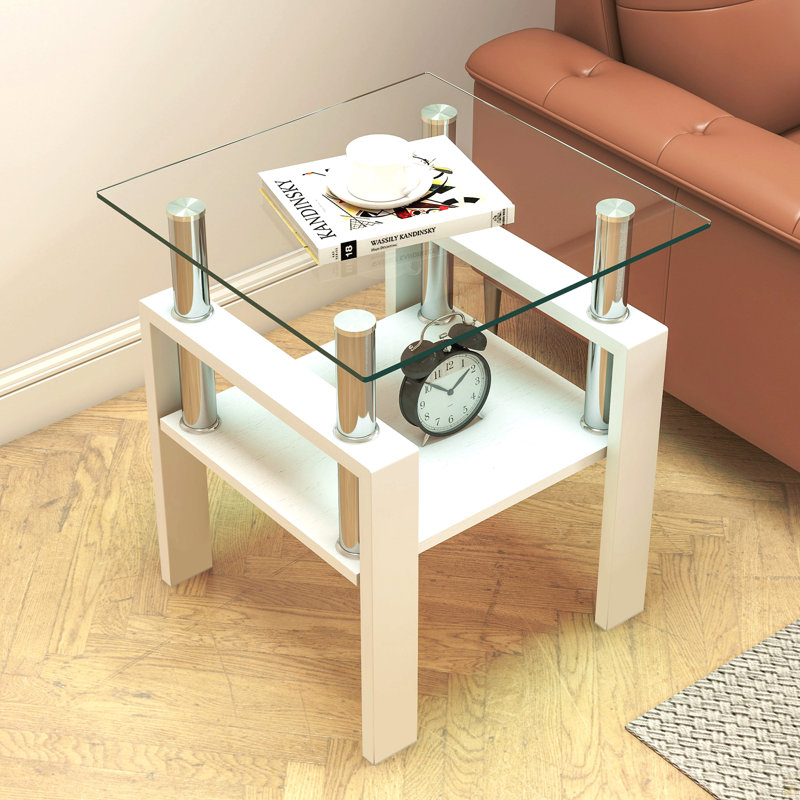 Ensemble de 2 tables à thé modernes en verre trempé, plateau en verre trempé avec panneau de fibres à densité moyenne, table basse, table de bout, table carrée pour le salon, transparent / blanc