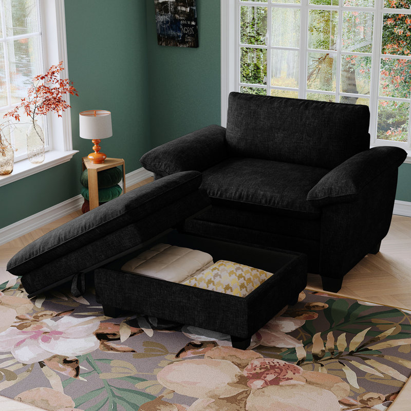 Chaise longue 51 po avec revêtement en chenille noir doux pour le revêtement de la chambre à coucher, Noir