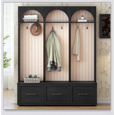 Arbre d'entrée de style ferme en bois avec design arqué, banc d'entrée élégant avec crochets rétro, portemanteau rustique et range-chaussures avec tiroirs pour le vestibule, salon