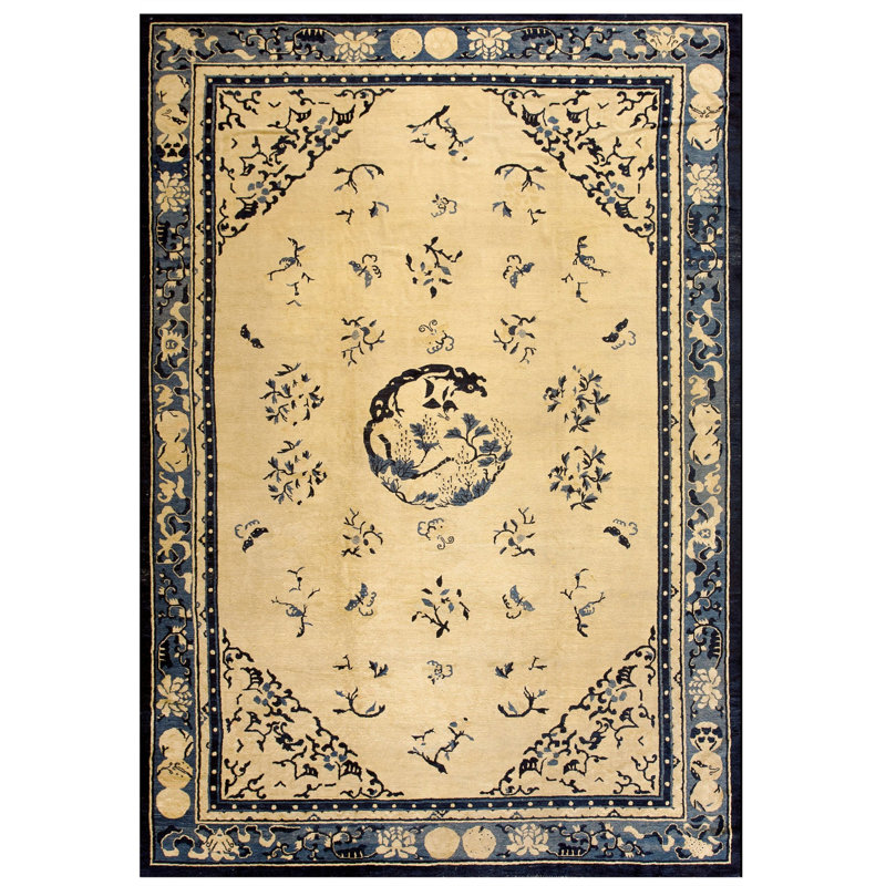 Antique Peking Chinese Allover Medallion Knotted Rug