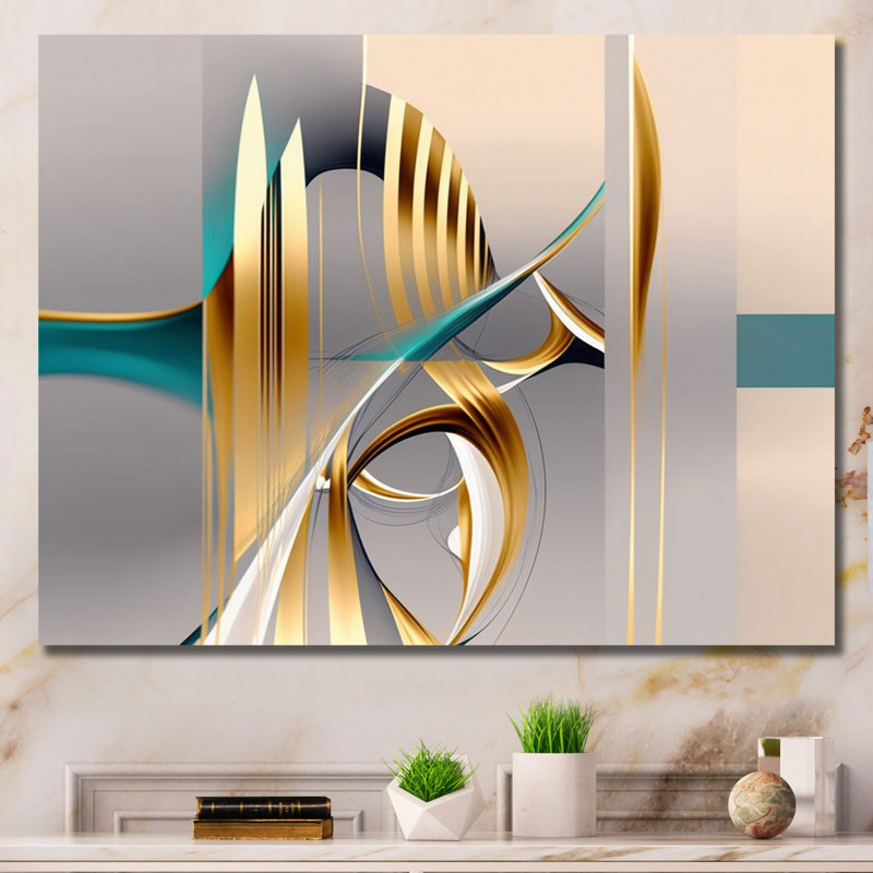 «Minimal Gold Abstraction On Turquoise Horizon I», art mural fractales, Toile tendue, H 30 po x l 40 po x P 1,5 po
