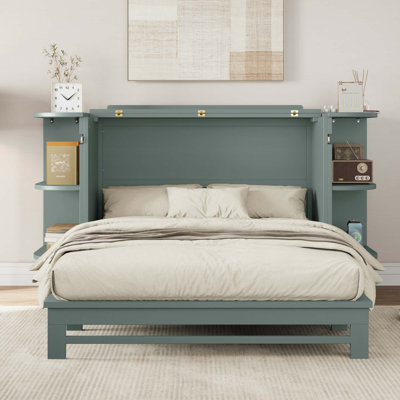 Armoire-lit style rustique en pin massif de style campagnard avec station de charge et 2 tablettes ouvertes pour le bureau à domicile ou une petite pièce