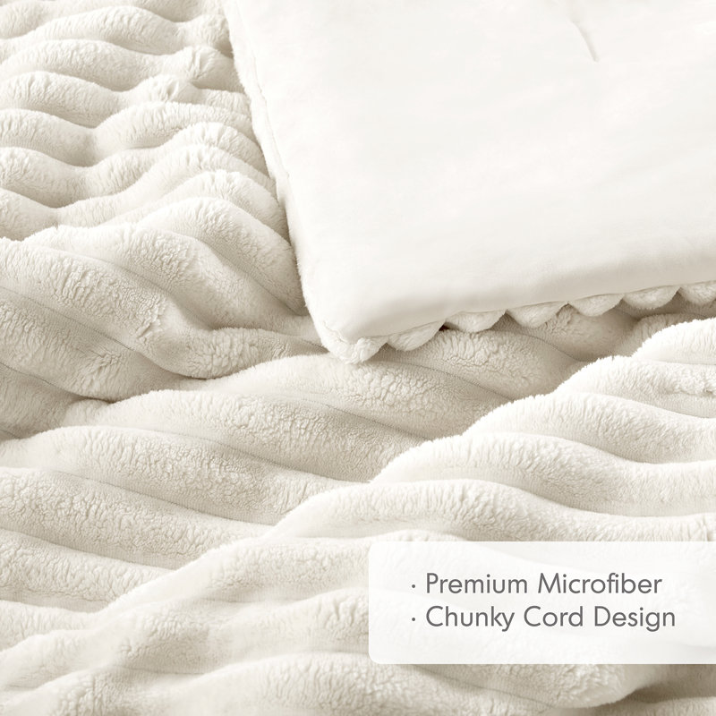 Avril Fluffy Ribbed Plush Comforter Set, Ivory, King Comforter + 2 King Shams