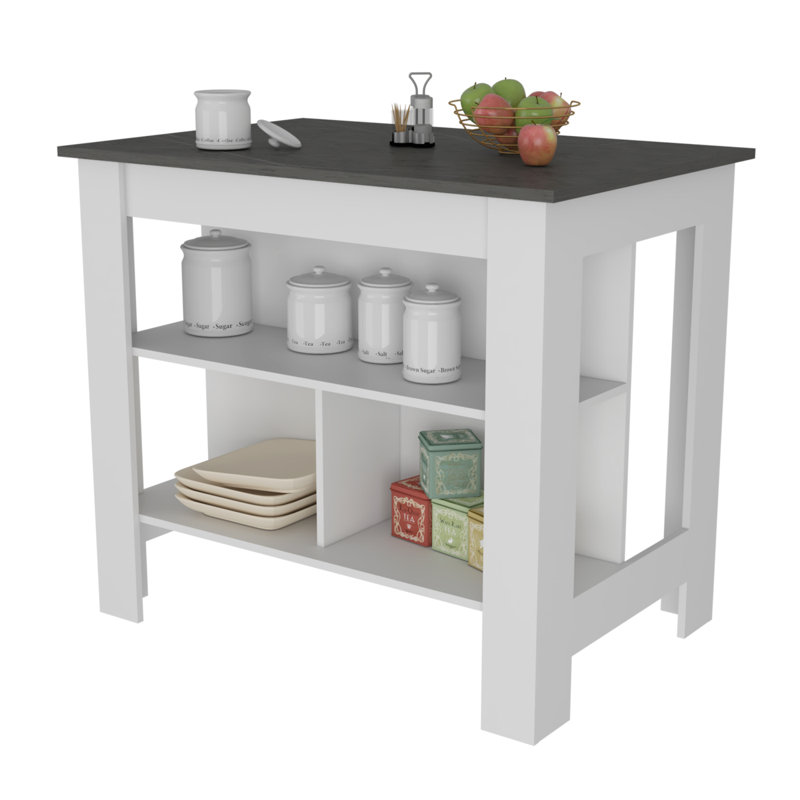 Îlot de cuisine à surface antibactérienne Brooklyn, trois tablettes dissimulées, Blanc / gris foncé