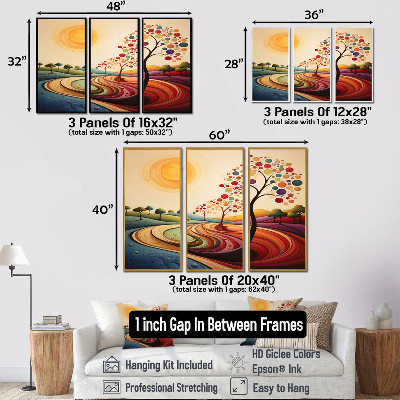 Joyeux arbre coloré Summertime - ensemble de salon d'art mural arbre, Cadre flottant doré, H 40 po x l 60 po x P 1 po