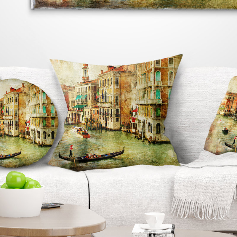 Coussin vintage imprimé Venise, 16 po x 1 po, Coussin décoratif