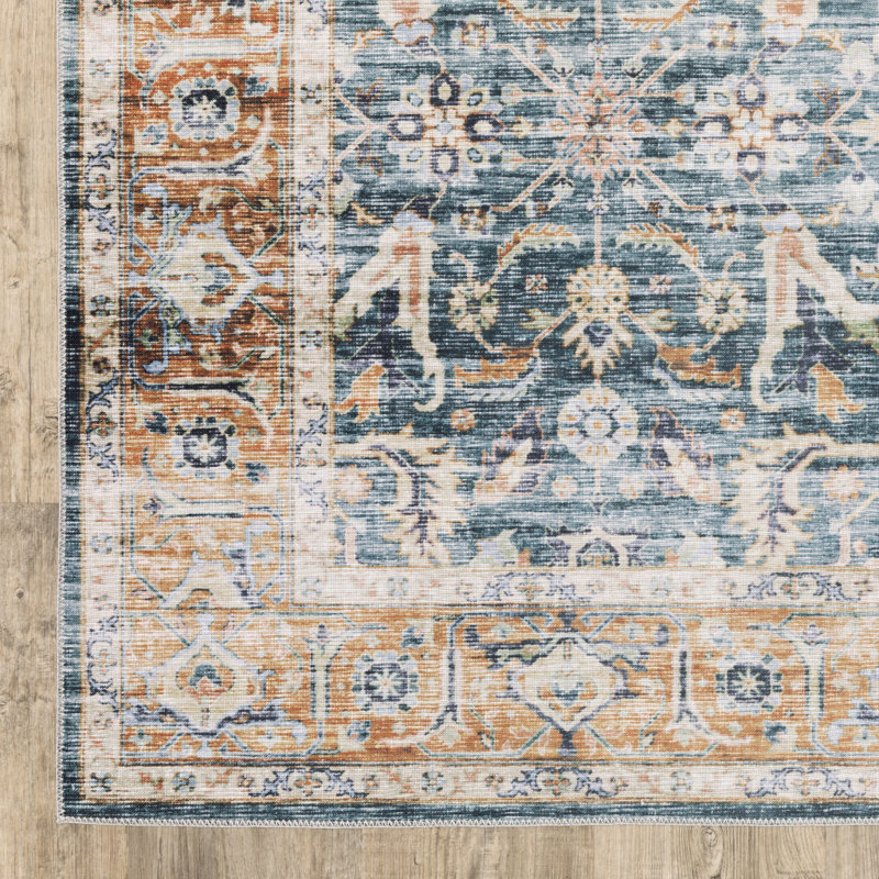 Tapis antidérapant bleu / rouille lavable à la machine Lake Macquarie, Rectangle 3 pi 6 po x 5 pi 6 po